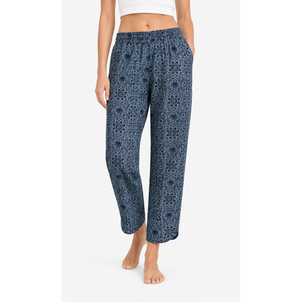 J Crew Chambray Navy Block Print Cropped Pull On Pants 10 100% Cotton Pockets